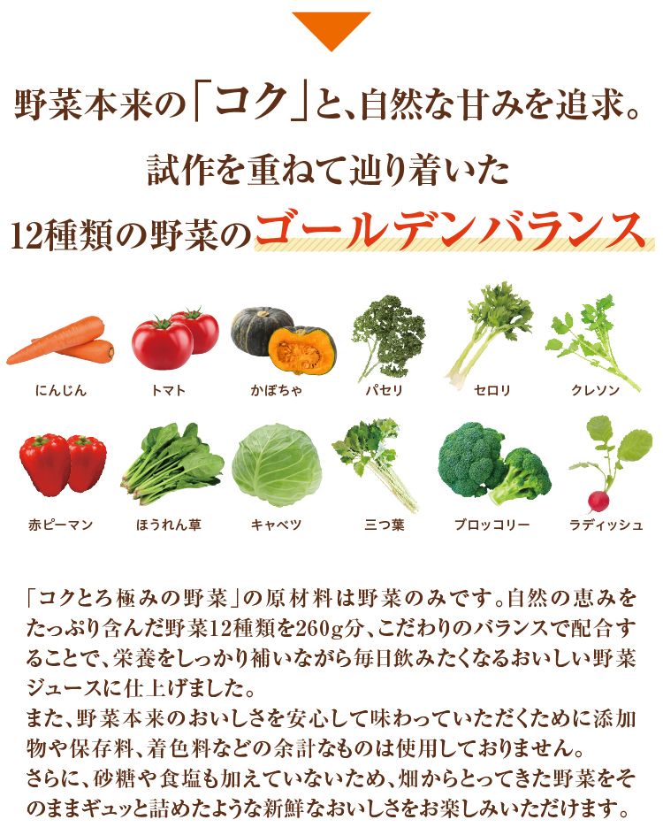 野菜本来の「コク」 と、自然な甘みを追求。試作を重ねて辿り着いた 12 種類の野菜のゴールデンバランス
