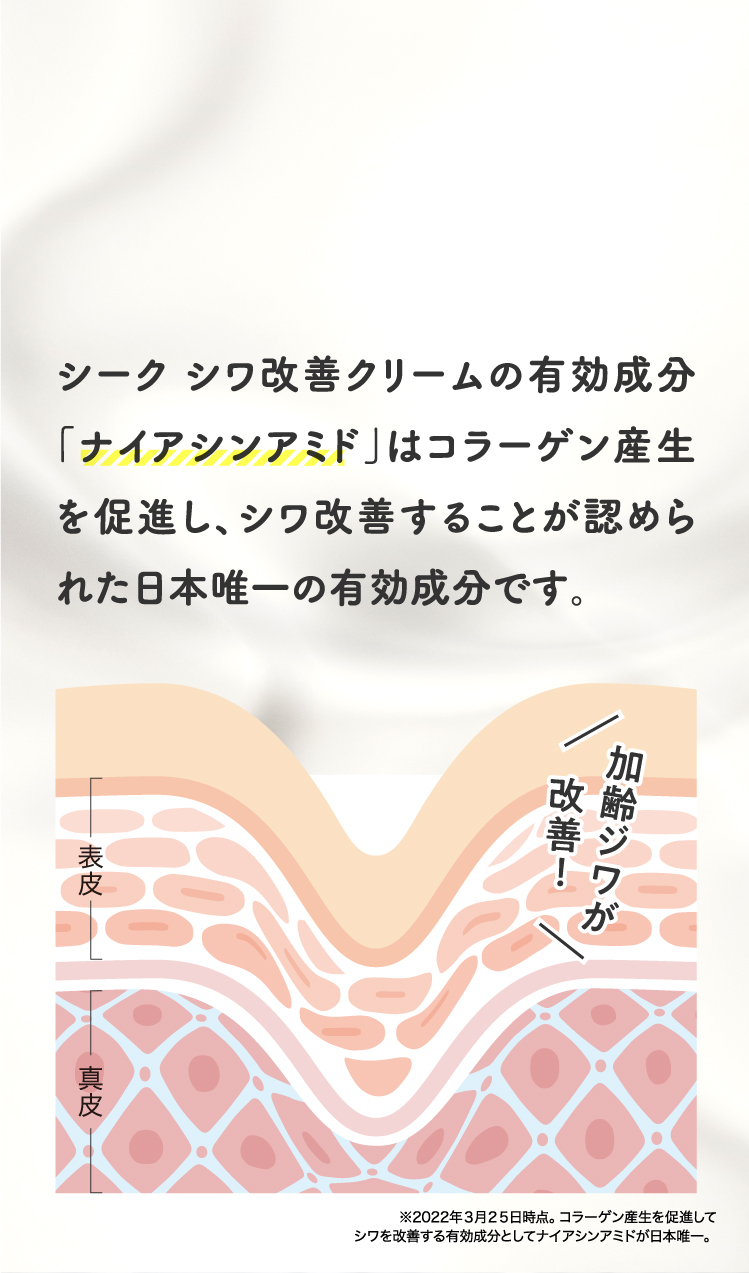 シーク シワ改善クリームの有効成分「ナイアシンアミド」はコラーゲン産生を促進し、シワ改善することが認められた日本唯一の有効成分です。