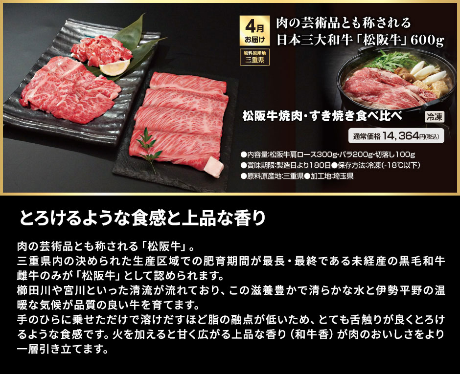 高級ブランド肉・海鮮定期便 4月お届け 肉の芸術品とも称される日本三大和牛「松坂牛」600g 冷凍での発送 